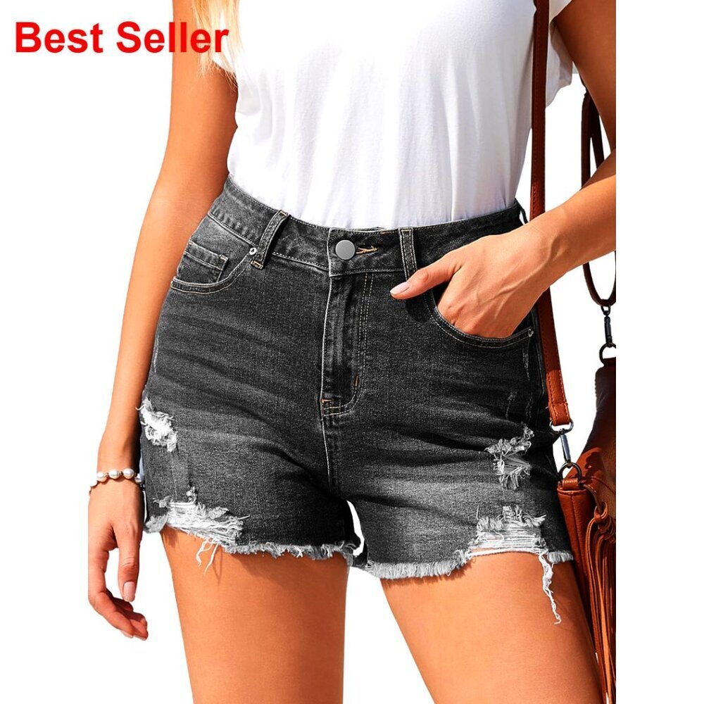 Mid-Waisted Distressed Denim Shorts Stretchy Ripped Frayed Hem